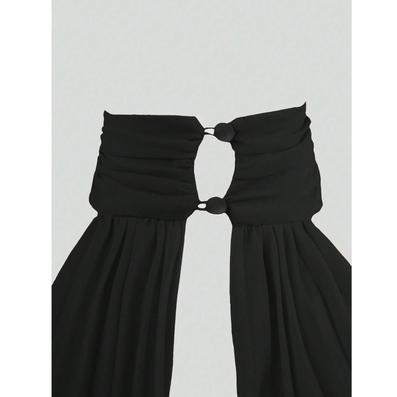 Pleated Black Mini Dress Tie Neck Short A-Line Flared - Picture 7 of 16